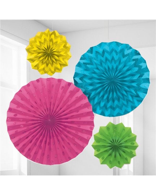 Multi Coloured Paper Glitter Fan Decorations (4pk)