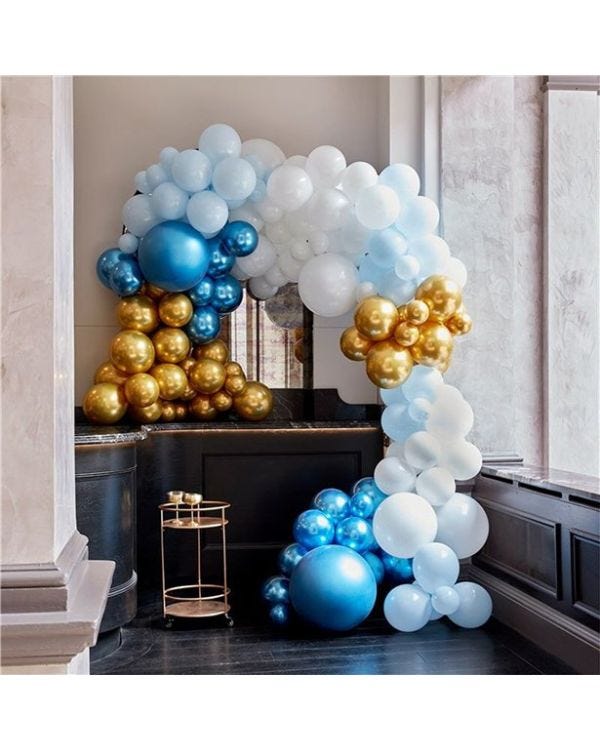 Blue &amp; Gold Chrome Large Balloon Arch DIY Kit - 200 Balloons