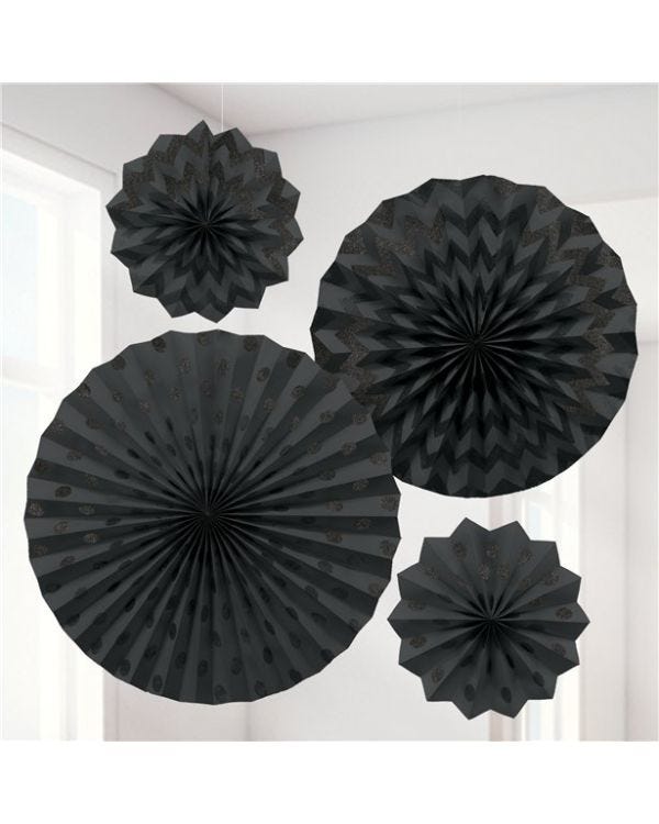 Black Paper Glitter Fan Decorations (4pk)