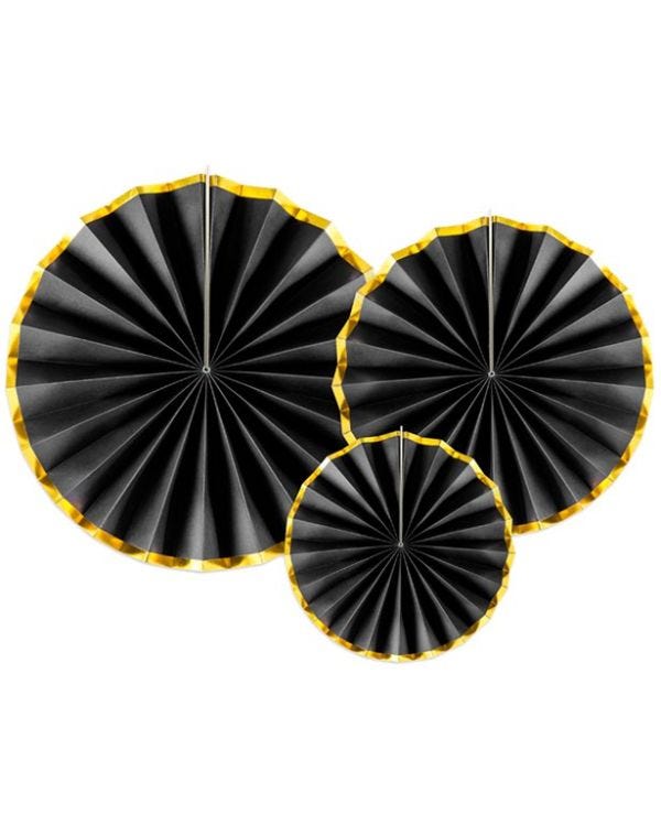 Black &amp; Gold Paper Fans (3pk)