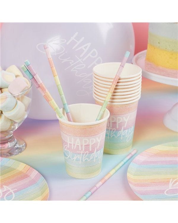 Eco Pastel Rainbow Happy Birthday Paper Cups (8pk)