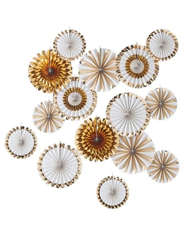 Gold &amp; White Paper Fan Decorations (15pk)