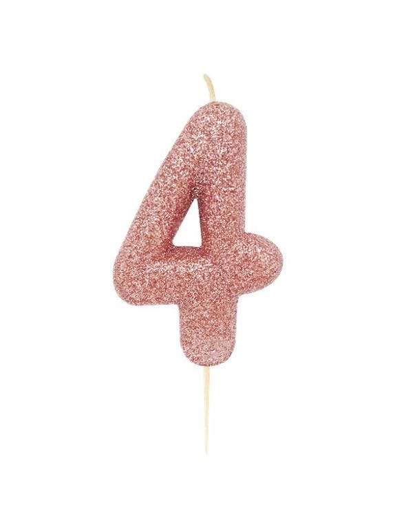 Rose Gold Glitter Number 4 Candle - 7cm