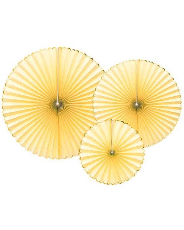Pastel Yellow &amp; Gold Paper Fans (3pk)
