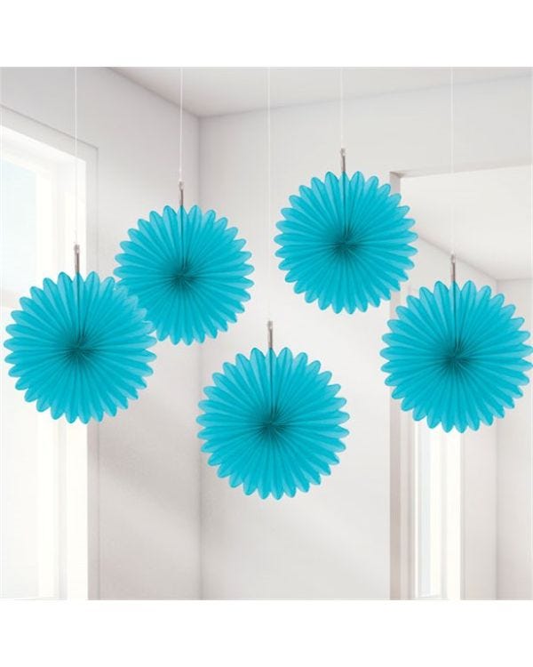Turquoise Paper Fan Decorations - 15cm (5pk)