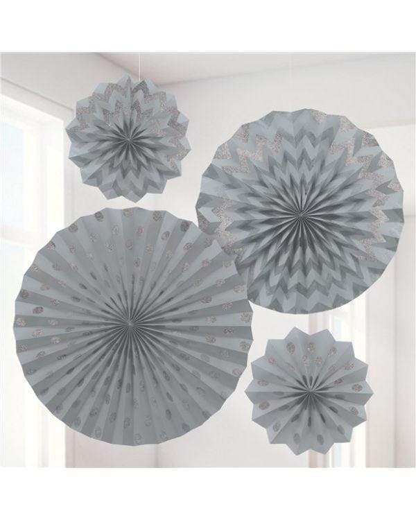 Silver Paper Glitter Fan Decorations (4pk)