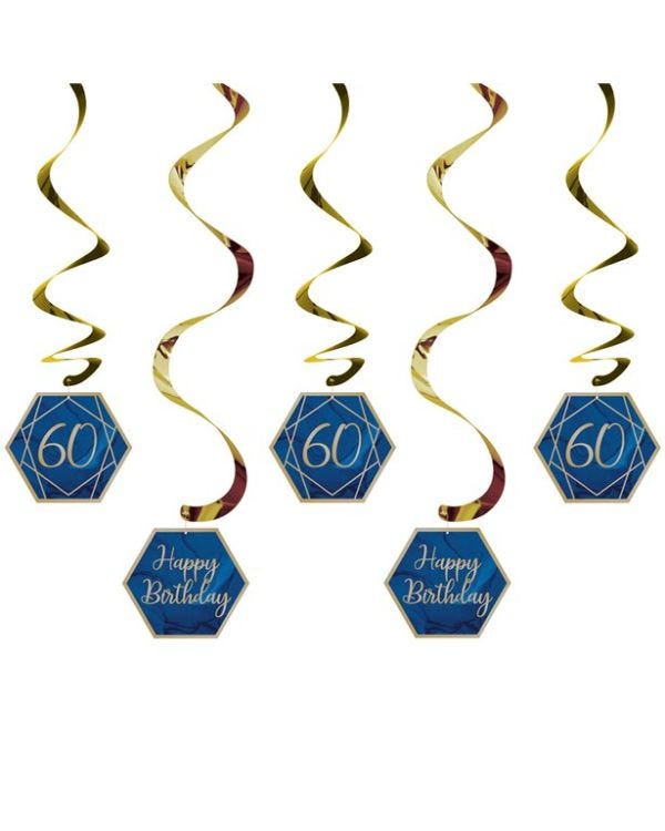 60th Birthday Navy &amp; Gold Geode Hanging Swirls (6pk)