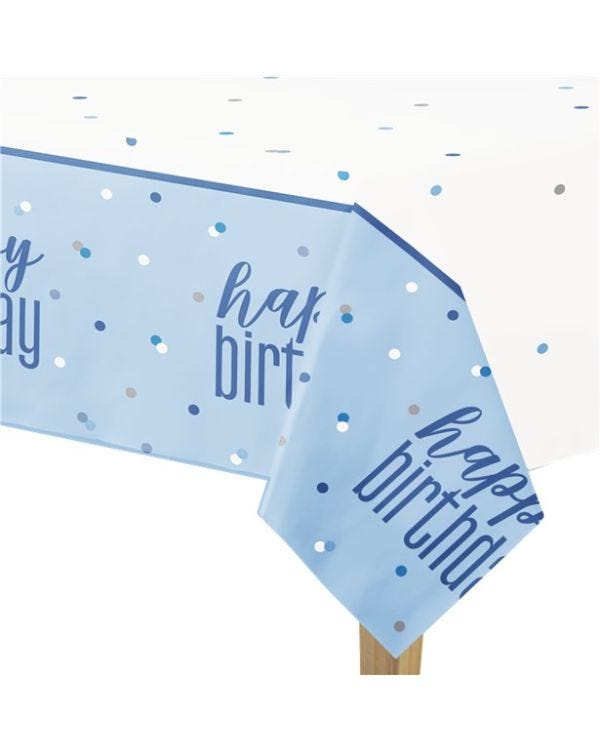Blue &#039;Happy Birthday&#039; Plastic Table Cover - 1.37m x 2.1m