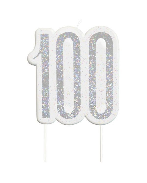 Silver Glitter Number 100 Candle - 7cm