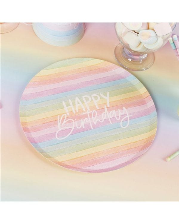 Eco Pastel Rainbow Happy Birthday Paper Plates - 23cm (8pk)