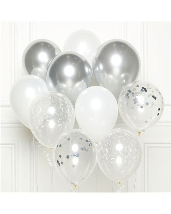 Silver Mix Balloons with Ribbon - 11&quot; Latex (10pk)