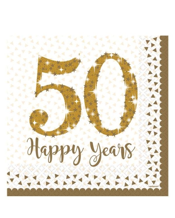 50th Gold Sparkling Wedding Anniversary Napkins - 33cm (16pk)