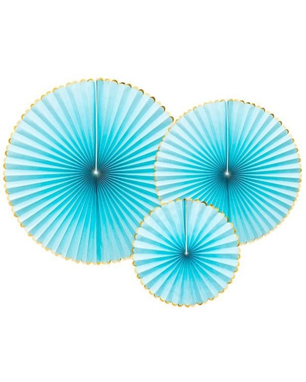Pastel Blue &amp; Gold Paper Fans (3pk)