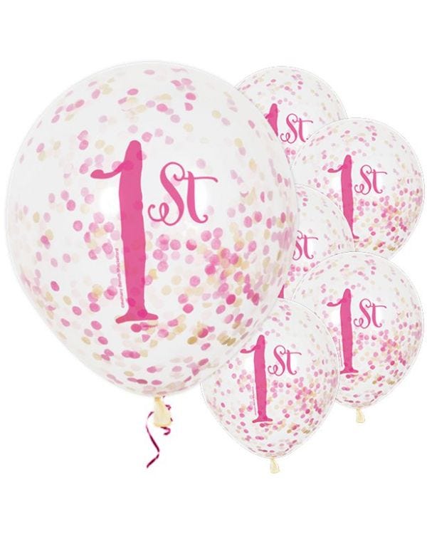 1st Birthday Pink Confetti Balloons - 12&quot; Latex