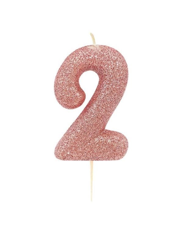 Rose Gold Glitter Number 2 Candle - 7cm