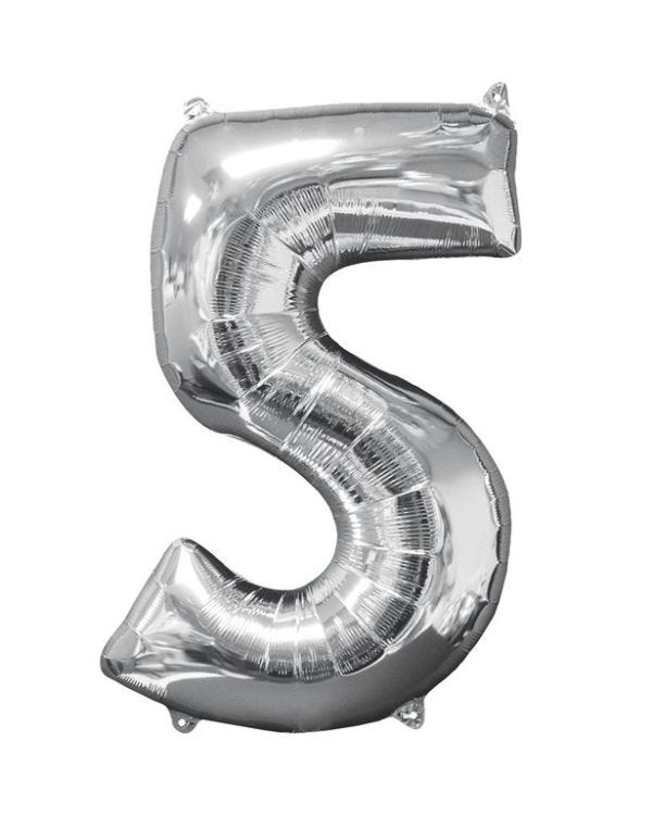 Silver Number 5 Balloon - 26&quot; Foil