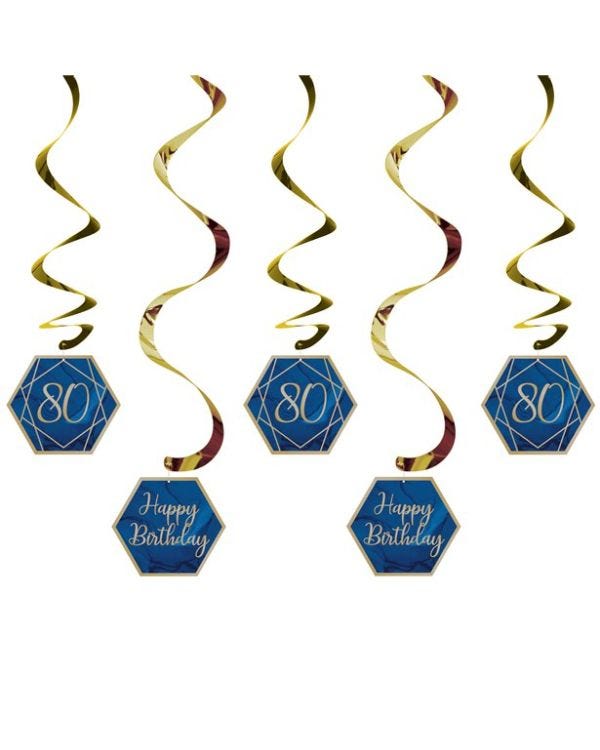 80th Birthday Navy &amp; Gold Geode Hanging Swirls (5pk)