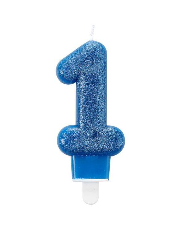 Blue Glitter Number 1 Candle - 7.5cm