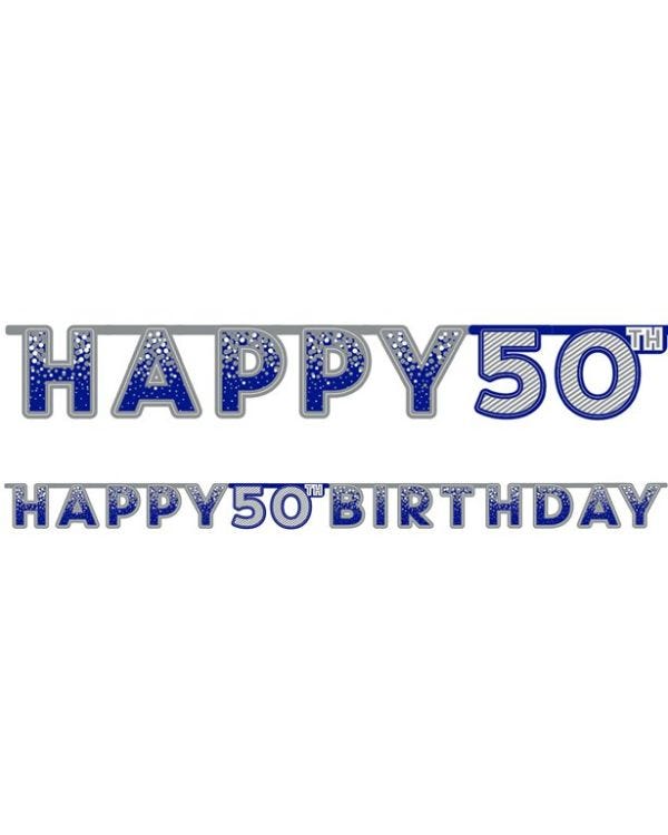 Blue &#039;Happy 50th Birthday&#039; Holographic Paper Banner - 2.2m