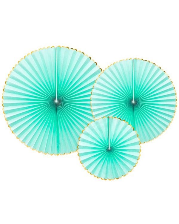 Mint Green &amp; Gold Paper Fans (3pk)