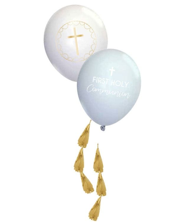 Blue Botanical  &#039;First Holy Communion&#039; Balloons with Tassels - 11&quot; Latex (4pk)