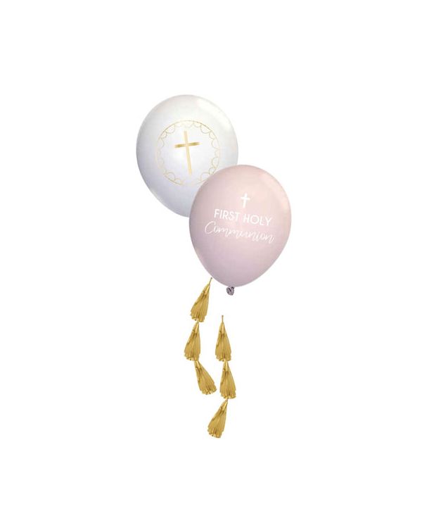 Pink Botanical &#039;First Holy Communion&#039; Balloons with Tassels - 11&quot; Latex (4pk)