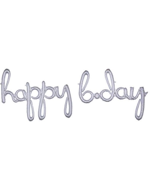 Silver Holographic &#039;Happy Bday&#039; Script Phrase Foil Balloon