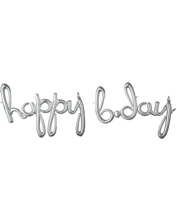 Silver &#039;Happy Bday&#039; Script Phrase Foil Balloon