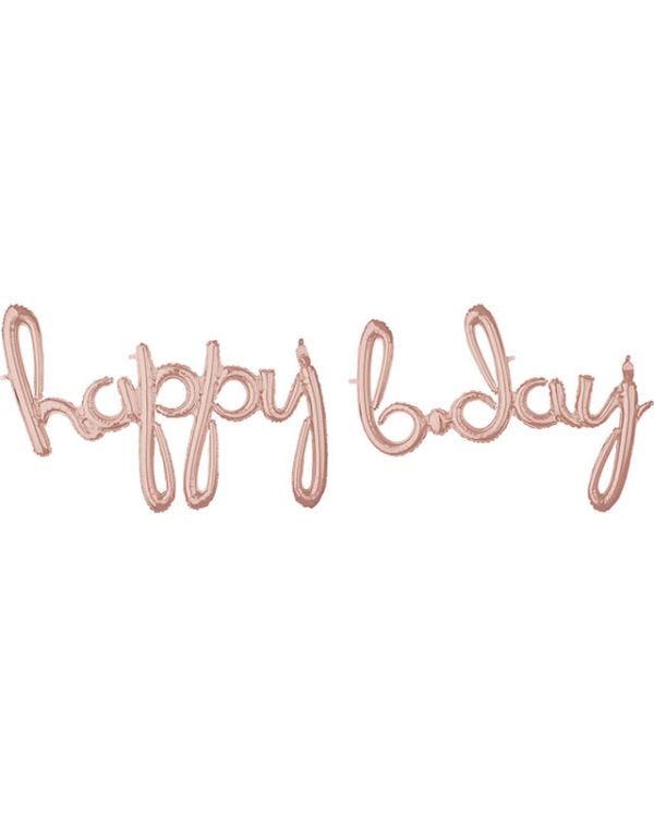 Rose Gold &#039;Happy Bday&#039; Script Phrase Foil Balloons