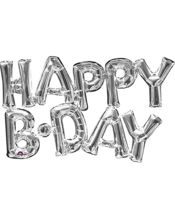 Silver &#039;Happy Bday&#039; Phrase Foil Balloons