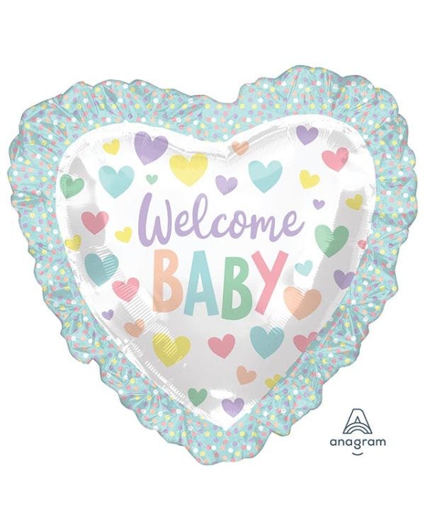 Welcome Baby Ruffle Heart Supershape Balloon - 28&quot; x 28&quot; Foil