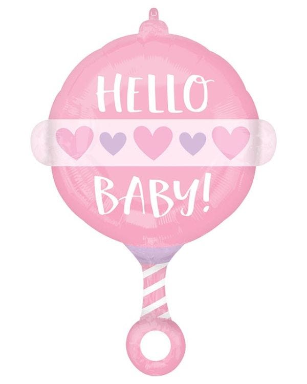 Pink Baby Rattle Shaped Balloon - 17&quot; x 24&quot; Foil
