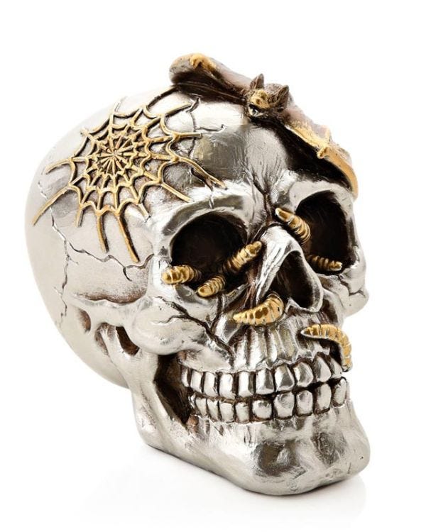 Silver Skull with Bat Resin Figurine - 13cm