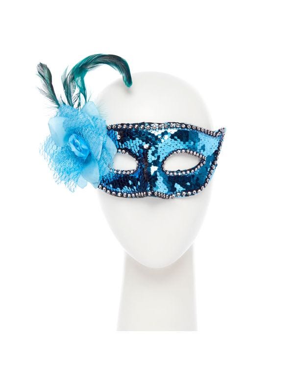 Blue Sequin Mask with Flower