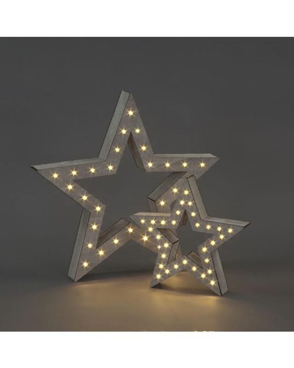 Grey Wood LED Star Lights - 48cm &amp; 29cm (2pk)