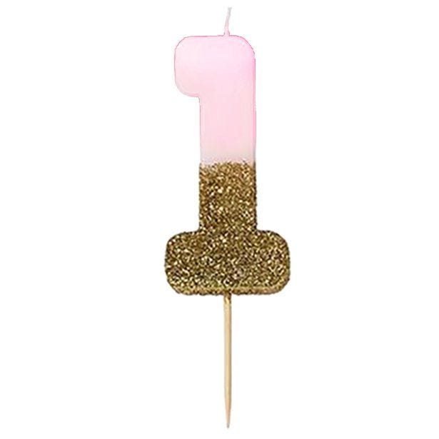 Pink and Gold Glitter Number 1 Candle - 7.7cm | Party Delights