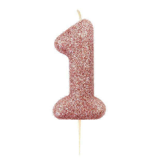 Rose Gold Glitter Number 1 Candle - 7cm | Party Delights