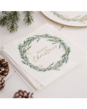 White Merry Christmas Wreath Paper Napkins - 33cm (16pk)