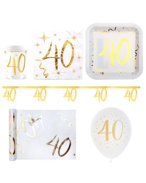 White &amp; Gold Sparkle 40th Birthday - Deluxe Party Pack for 30