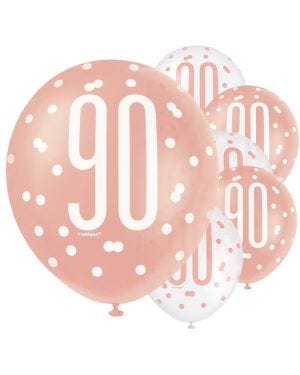 Rose Gold Glitz 90th Birthday Balloons - 12&quot; Latex (6pk)