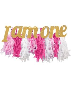 I Am One Pink &amp; Gold Glitter High Chair Decoration - 87cm