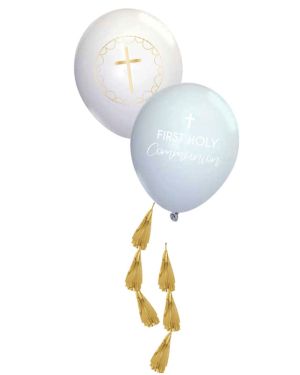 Blue Botanical  &#039;First Holy Communion&#039; Balloons with Tassels - 11&quot; Latex (4pk)