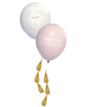 Pink Botanical &#039;First Holy Communion&#039; Balloons with Tassels - 11&quot; Latex (4pk)
