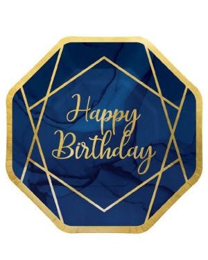 Navy &amp; Gold Geode &#039;Happy Birthday&#039; Plates - 23cm (8pk)