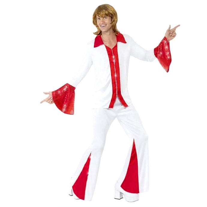 white abba suit with red detailing