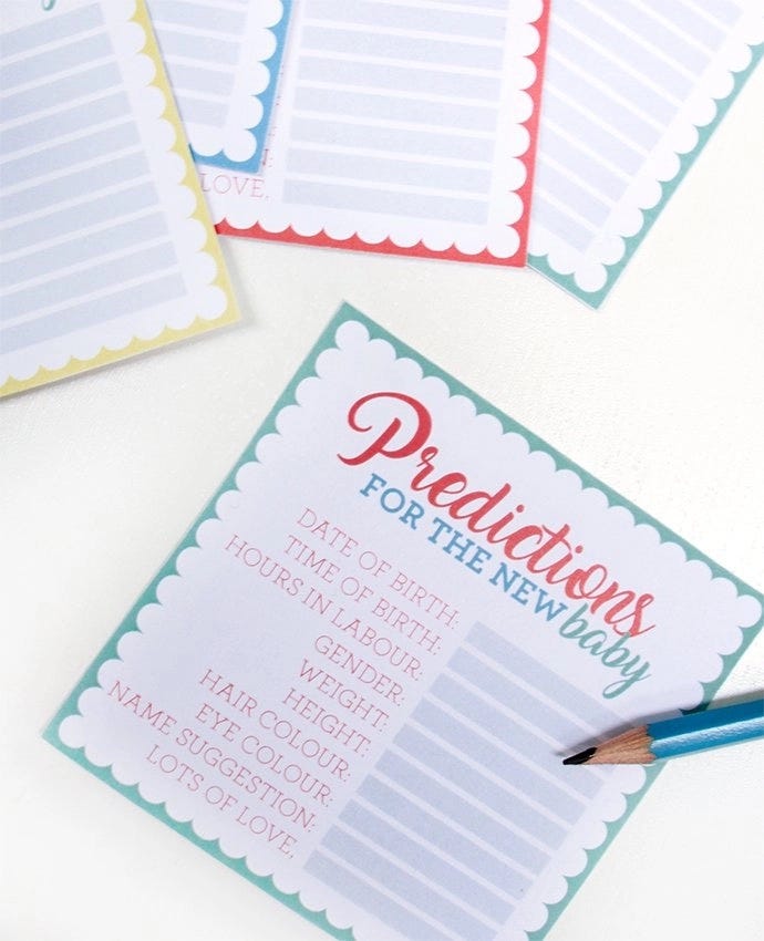 A printable baby shower predictions card