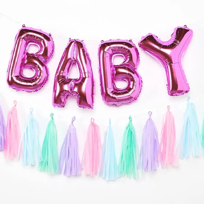 Baby balloon bunting Pink letter balloons spelling out the word baby