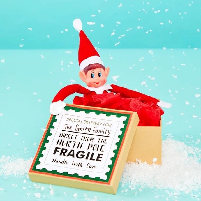 Elf on the Shelf in a box that says "Special delivery for the Smith family"