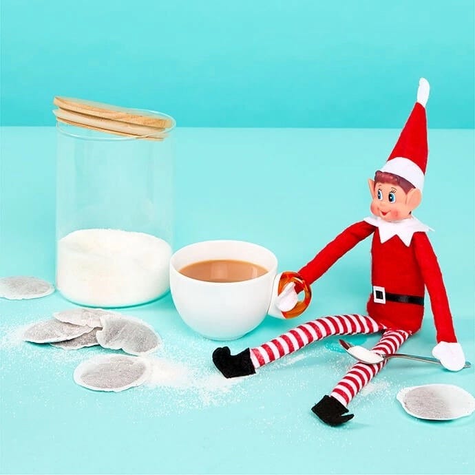 Elf on the Shelf drinking a cup of tea