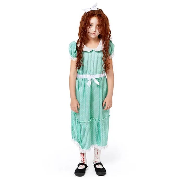 young child dressed as one of the grady twins in green dress